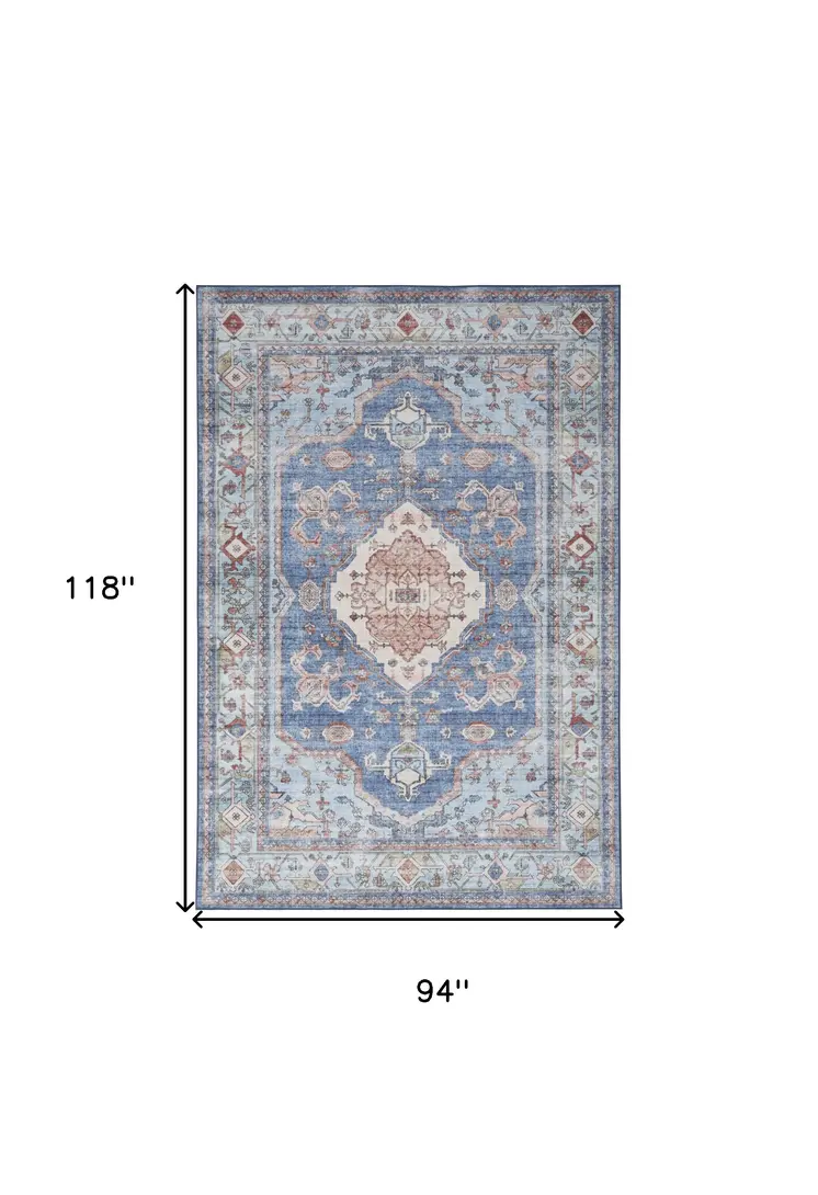 8' X 10' Ivory Red and Blue Floral Distressed Non Skid Area Rug