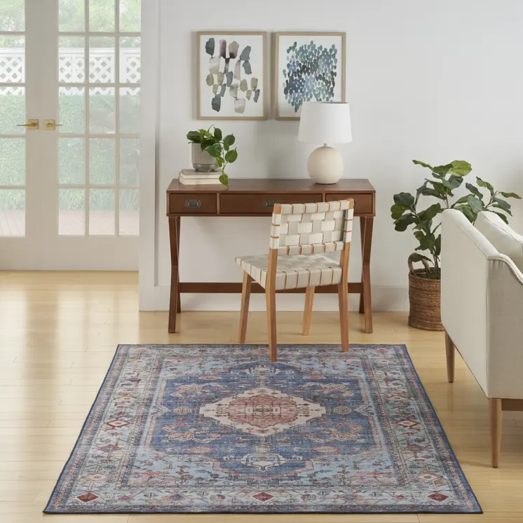 8' X 10' Ivory Red and Blue Floral Distressed Non Skid Area Rug