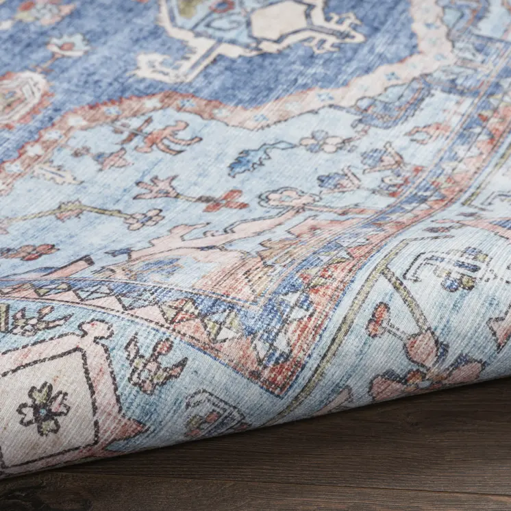 8' X 10' Ivory Red and Blue Floral Distressed Non Skid Area Rug