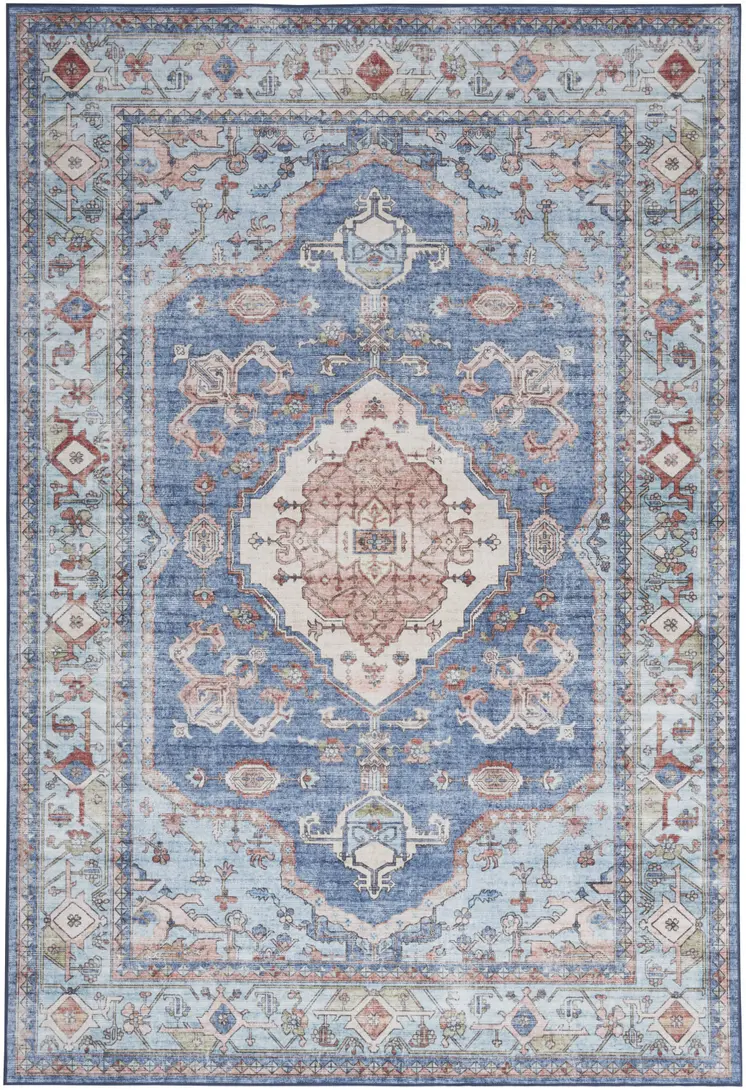 8' X 10' Ivory Red and Blue Floral Distressed Non Skid Area Rug