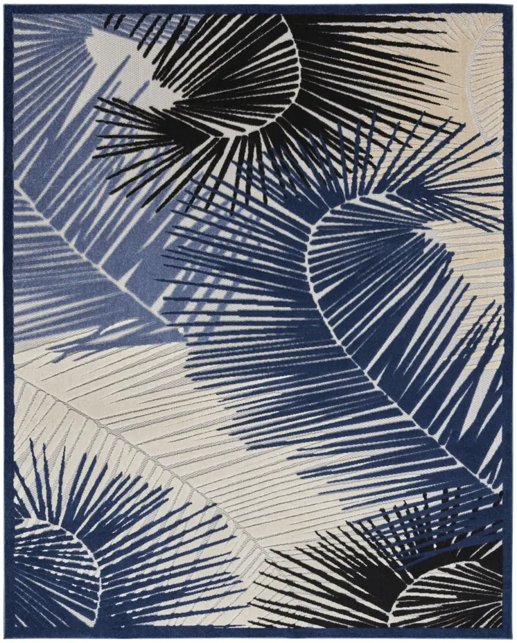 5' X 7' Navy Blue Ivory And Black Palm Leaf Indoor Outdoor Area Rug