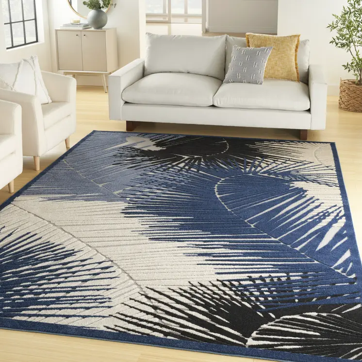 5' X 7' Navy Blue Ivory And Black Palm Leaf Indoor Outdoor Area Rug