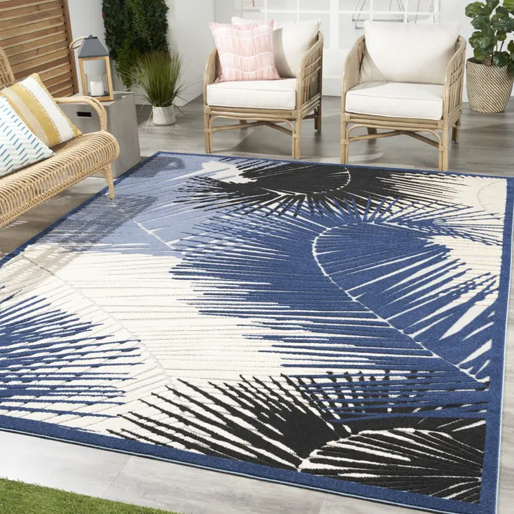 5' X 7' Navy Blue Ivory And Black Palm Leaf Indoor Outdoor Area Rug