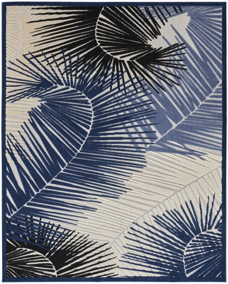 5' X 7' Navy Blue Ivory And Black Palm Leaf Indoor Outdoor Area Rug