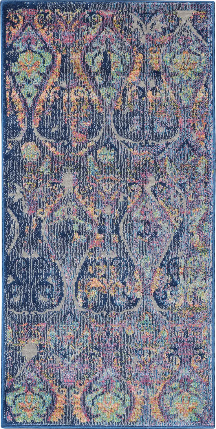 2' X 4' Blue and Yellow Trellis Distressed Non Skid Area Rug