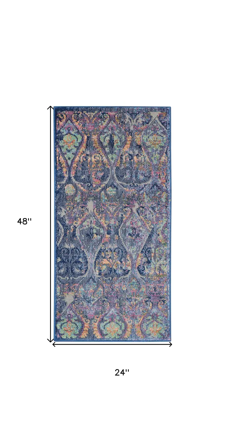 2' X 4' Blue and Yellow Trellis Distressed Non Skid Area Rug