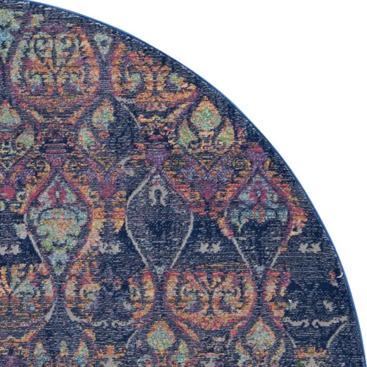 4' Blue and Yellow Trellis Distressed Non Skid Round Rug