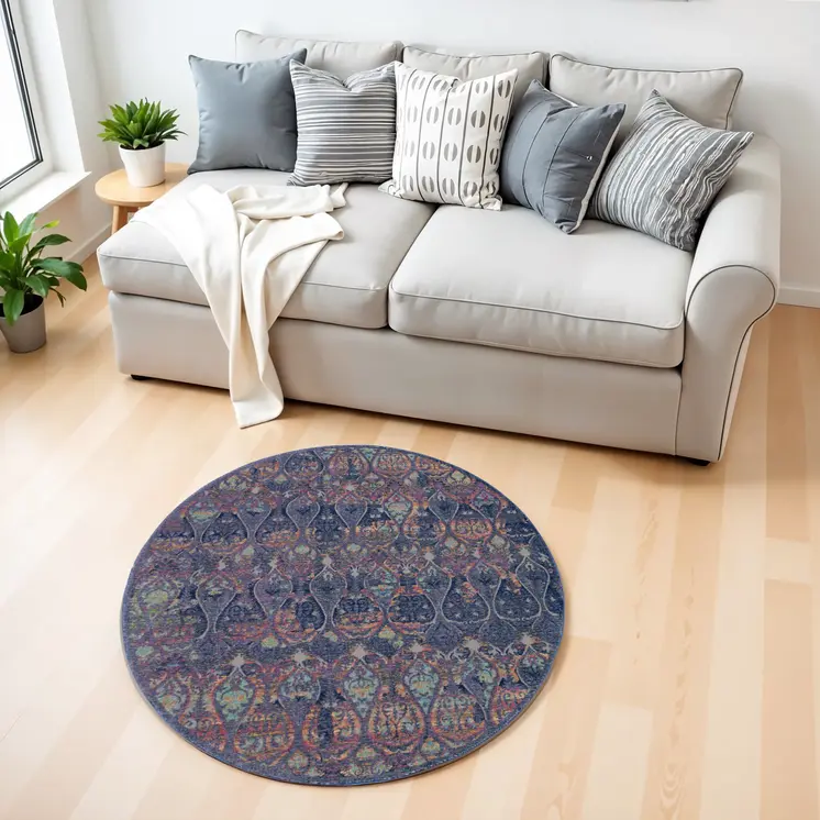 4' Blue and Yellow Trellis Distressed Non Skid Round Rug