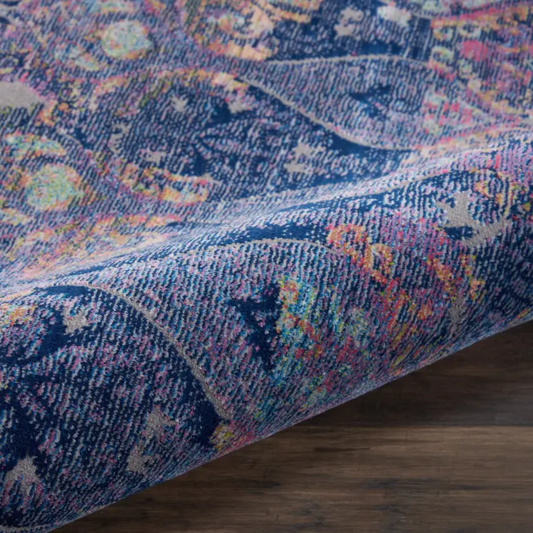 4' Blue and Yellow Trellis Distressed Non Skid Round Rug