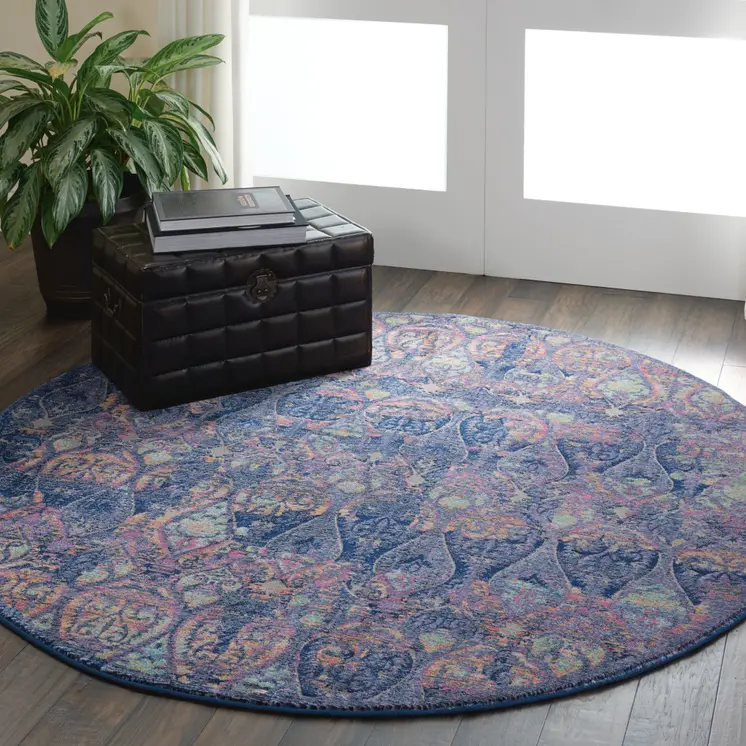4' Blue and Yellow Trellis Distressed Non Skid Round Rug