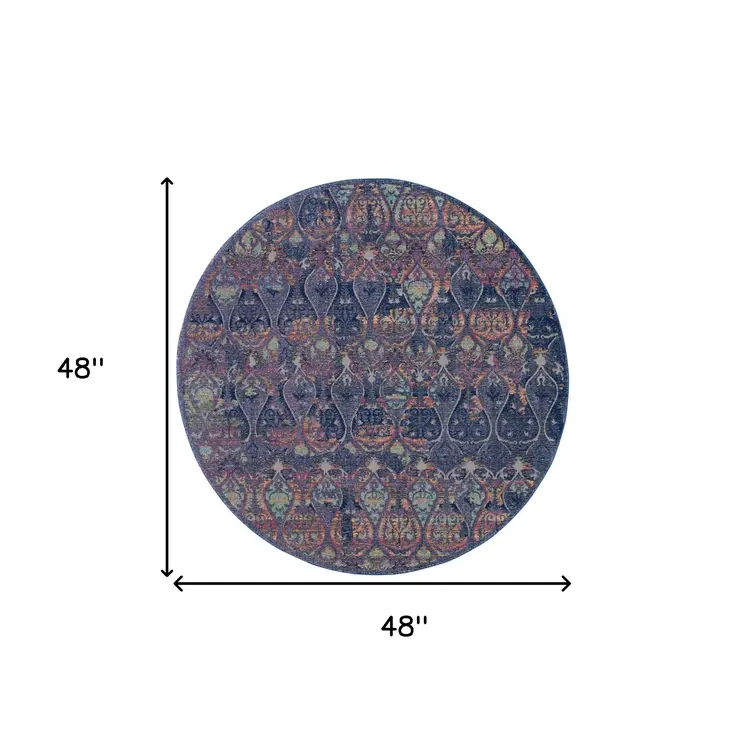 4' Blue and Yellow Trellis Distressed Non Skid Round Rug