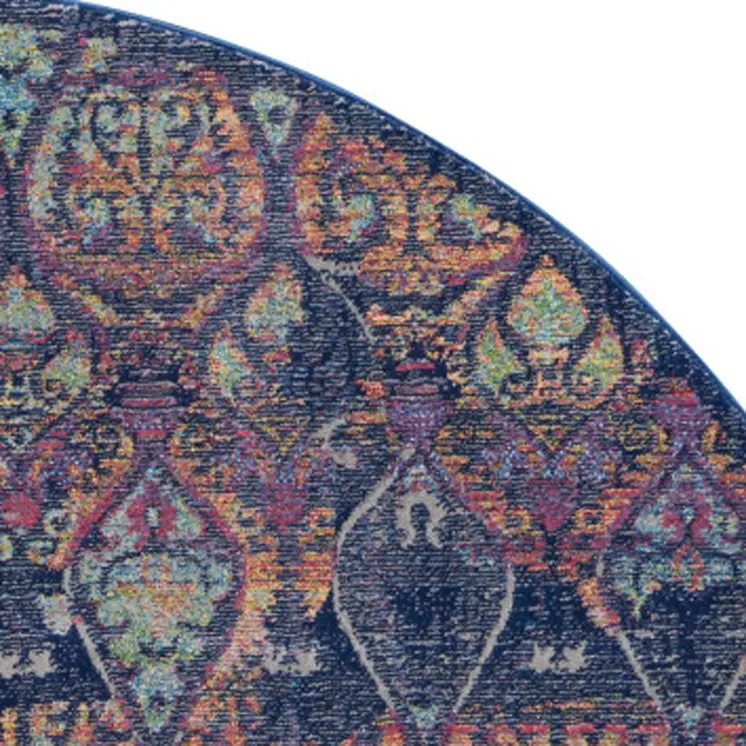 4' Blue and Yellow Trellis Distressed Non Skid Round Rug