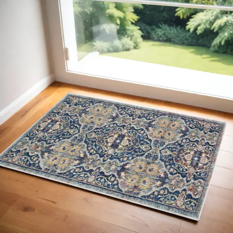 2' X 4' Blue and Yellow Floral Distressed Non Skid Area Rug