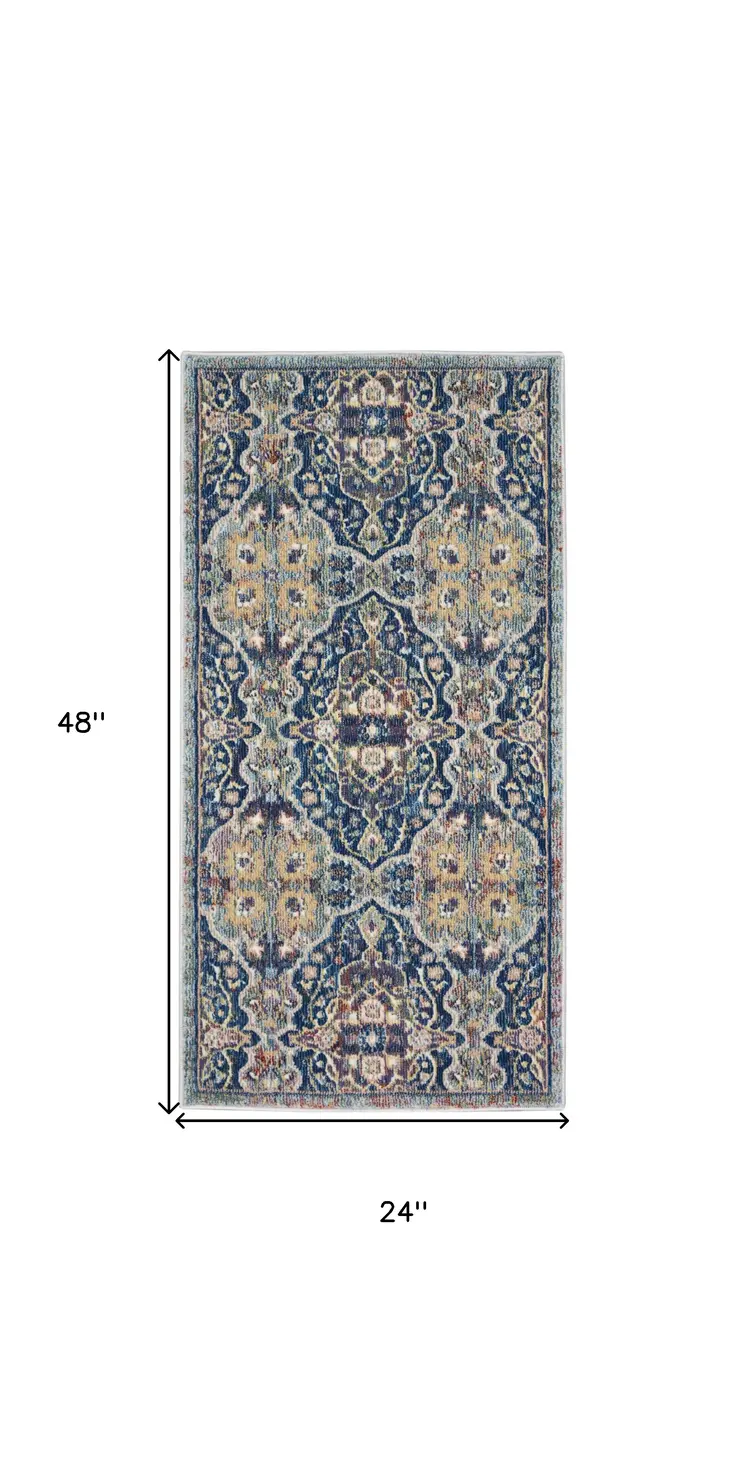 2' X 4' Blue and Yellow Floral Distressed Non Skid Area Rug
