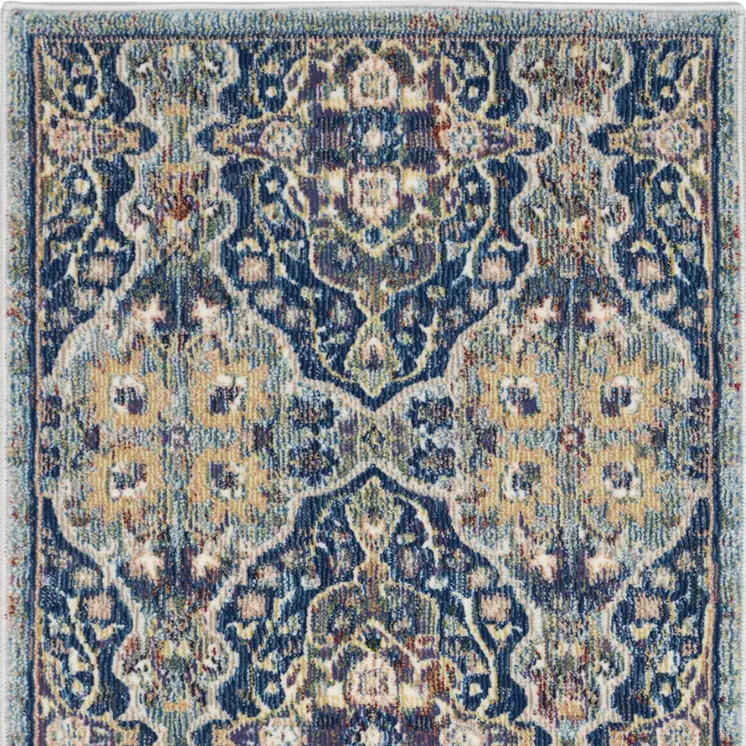 2' X 4' Blue and Yellow Floral Distressed Non Skid Area Rug