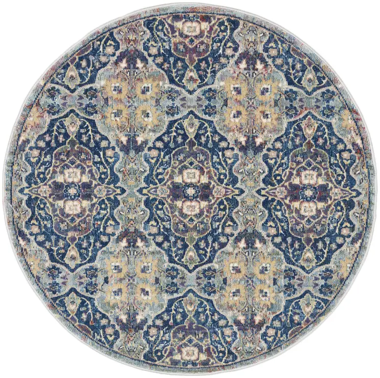 4' Blue and Yellow Floral Distressed Non Skid Round Rug