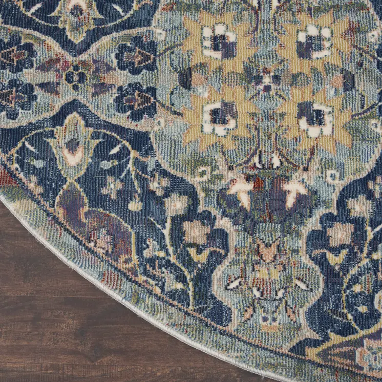 4' Blue and Yellow Floral Distressed Non Skid Round Rug