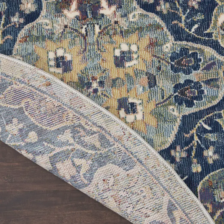 4' Blue and Yellow Floral Distressed Non Skid Round Rug