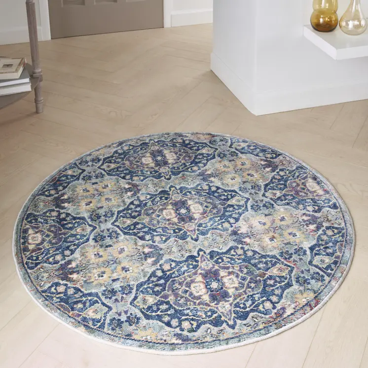 4' Blue and Yellow Floral Distressed Non Skid Round Rug