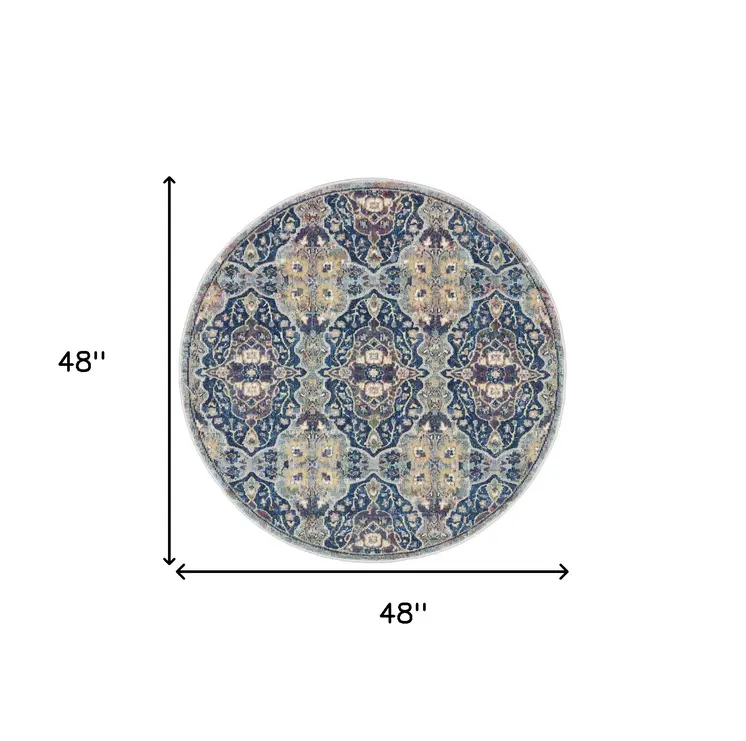 4' Blue and Yellow Floral Distressed Non Skid Round Rug
