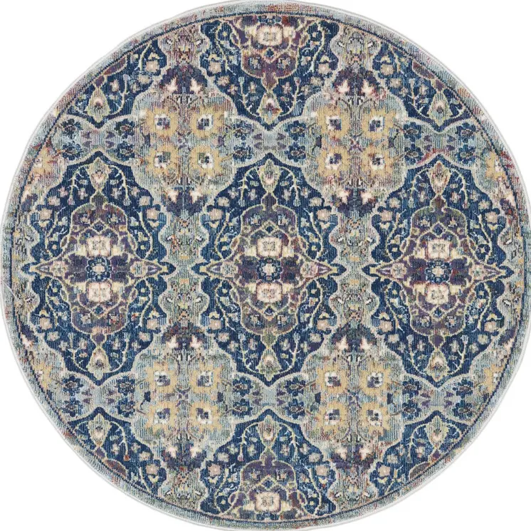 4' Blue and Yellow Floral Distressed Non Skid Round Rug