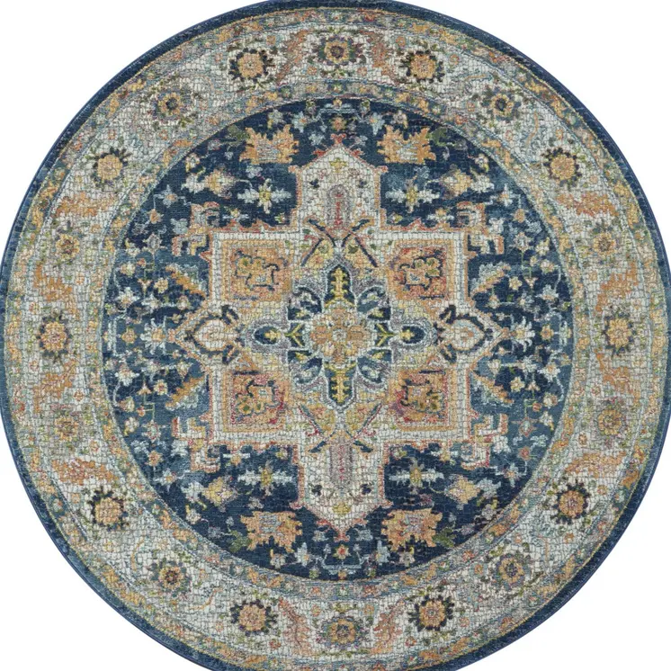 4' Ivory Blue and Yellow Floral Medallion Distressed Non Skid Round Rug