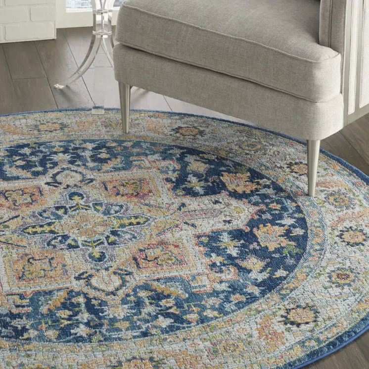 4' Ivory Blue and Yellow Floral Medallion Distressed Non Skid Round Rug