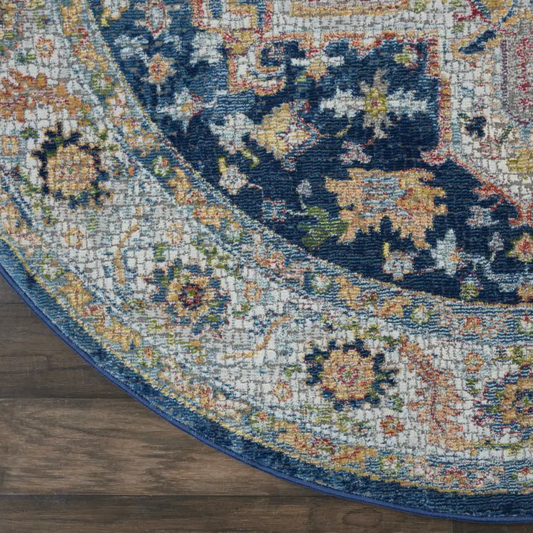 4' Ivory Blue and Yellow Floral Medallion Distressed Non Skid Round Rug