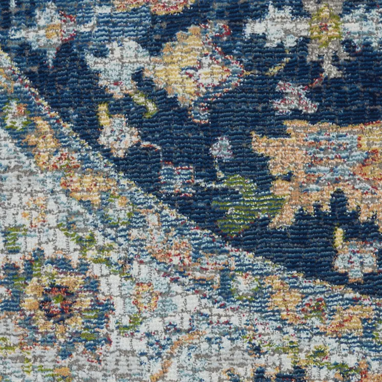 4' Ivory Blue and Yellow Floral Medallion Distressed Non Skid Round Rug