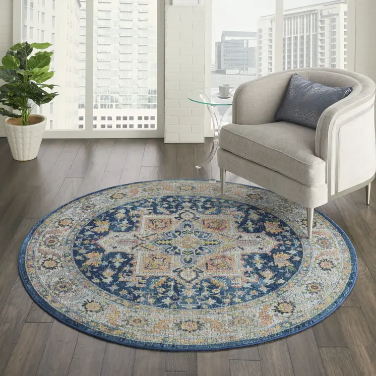 4' Ivory Blue and Yellow Floral Medallion Distressed Non Skid Round Rug