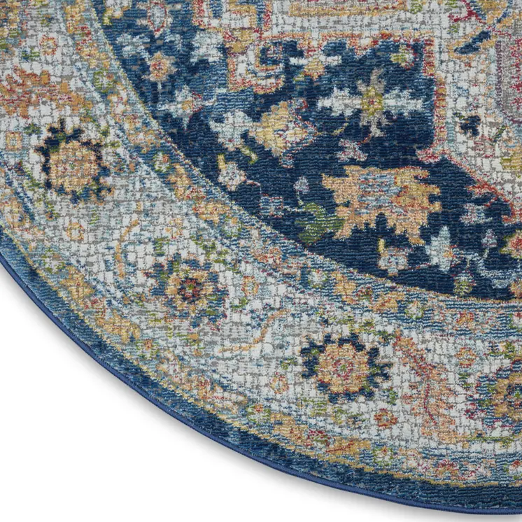 4' Ivory Blue and Yellow Floral Medallion Distressed Non Skid Round Rug