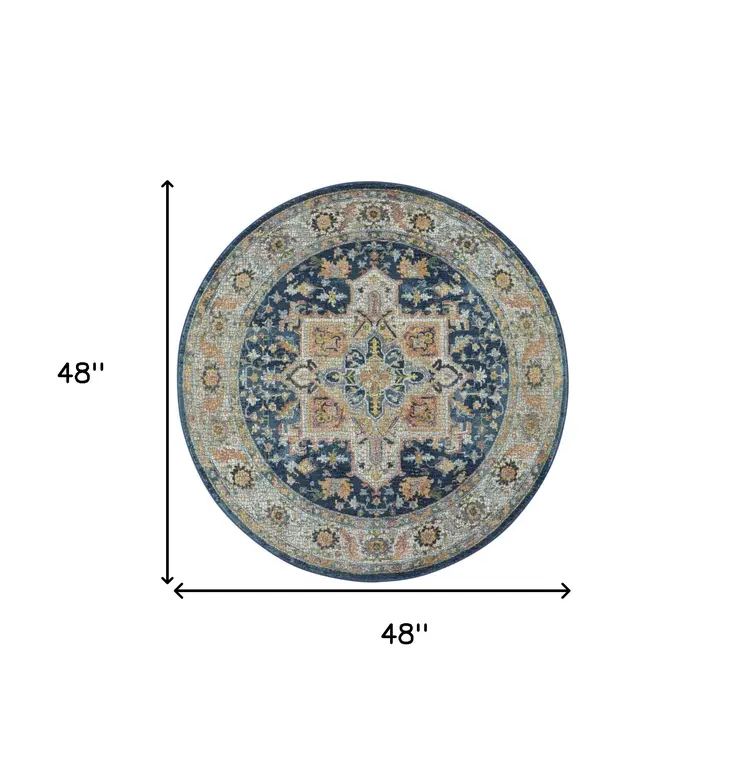 4' Ivory Blue and Yellow Floral Medallion Distressed Non Skid Round Rug