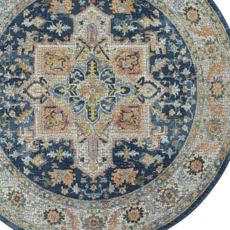 4' Ivory Blue and Yellow Floral Medallion Distressed Non Skid Round Rug
