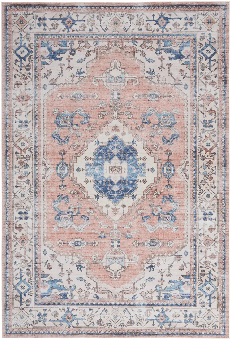 8' X 10' Coral and Beige Floral Medallion Distressed Non Skid Area Rug