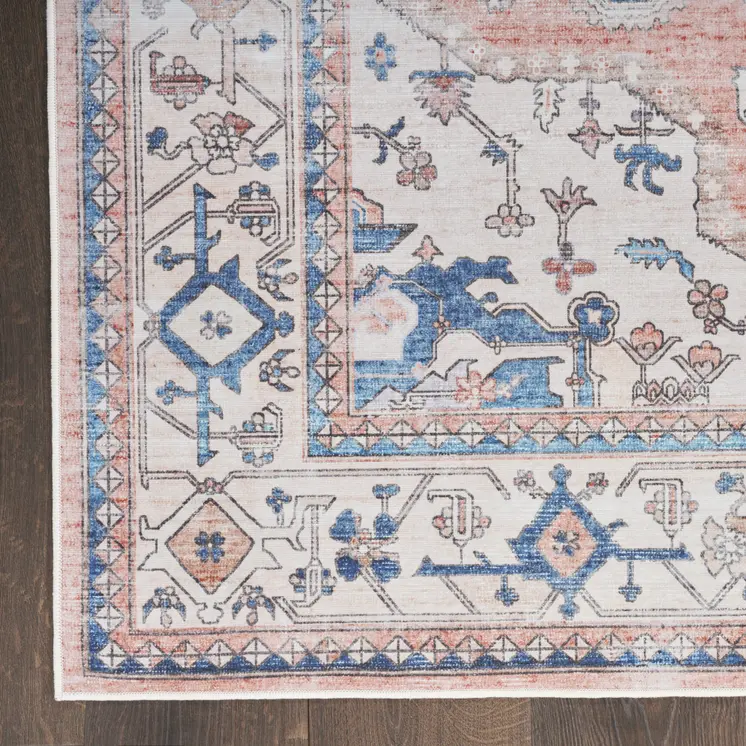 8' X 10' Coral and Beige Floral Medallion Distressed Non Skid Area Rug