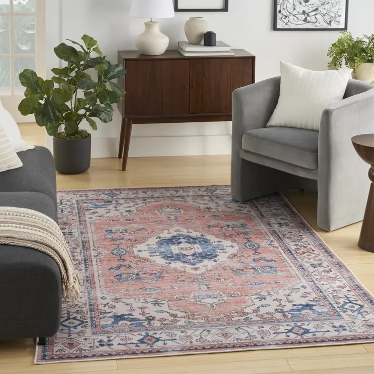 8' X 10' Coral and Beige Floral Medallion Distressed Non Skid Area Rug