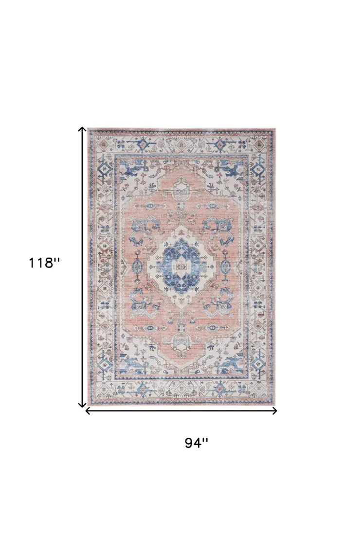 8' X 10' Coral and Beige Floral Medallion Distressed Non Skid Area Rug