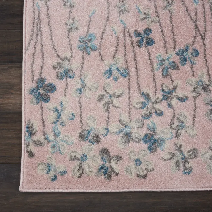 7' Pink Gray and Blue Floral Vines Runner Rug