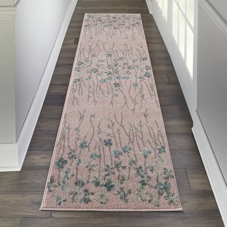 7' Pink Gray and Blue Floral Vines Runner Rug
