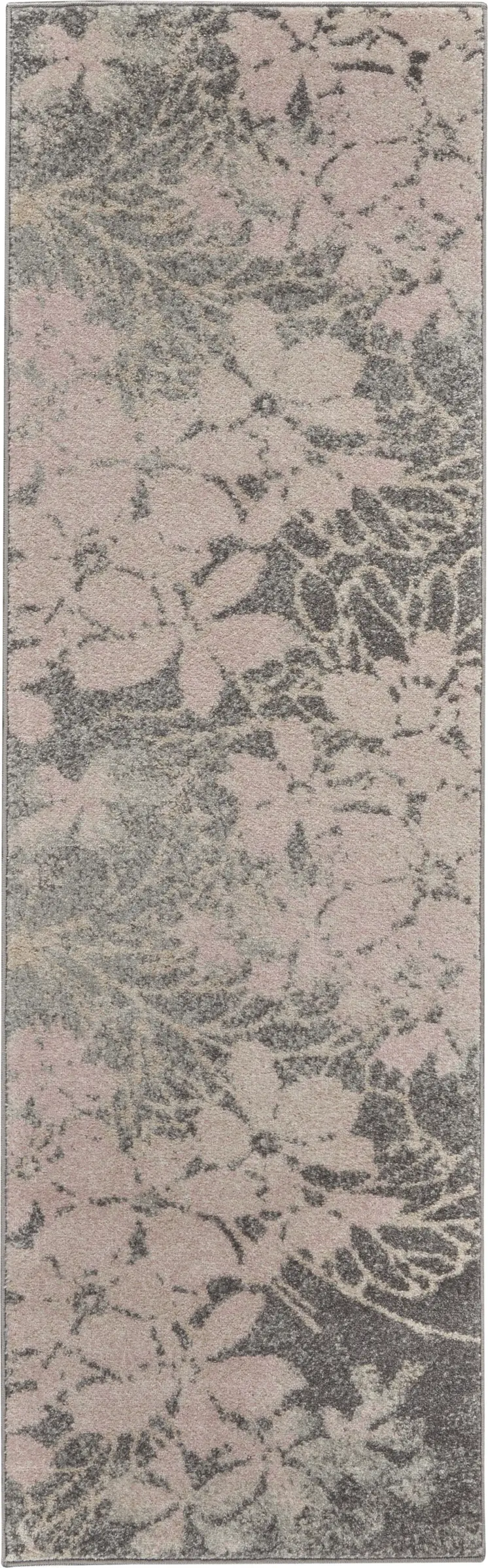 7' Gray And Pink Floral Runner Rug