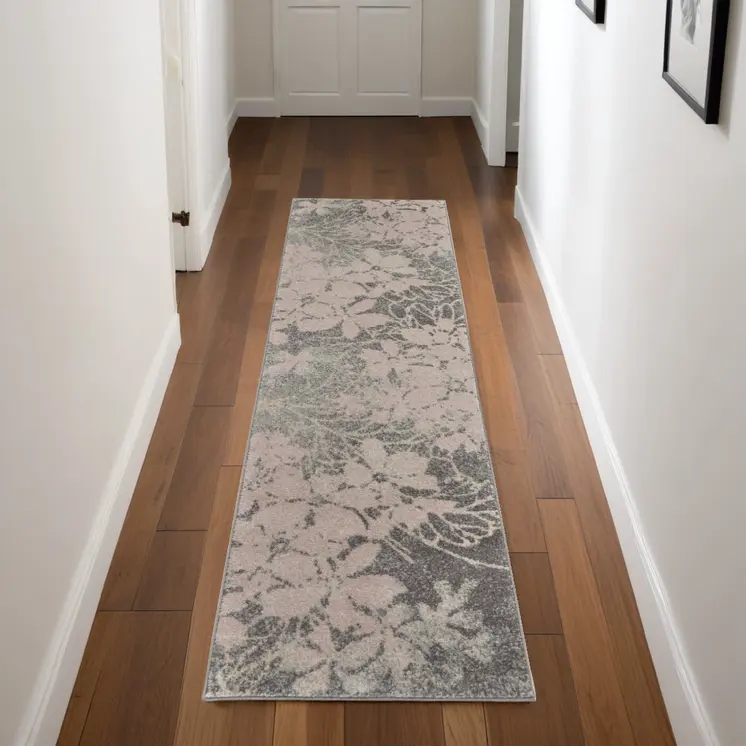 7' Gray And Pink Floral Runner Rug
