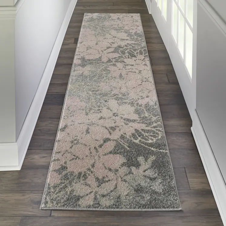 7' Gray And Pink Floral Runner Rug