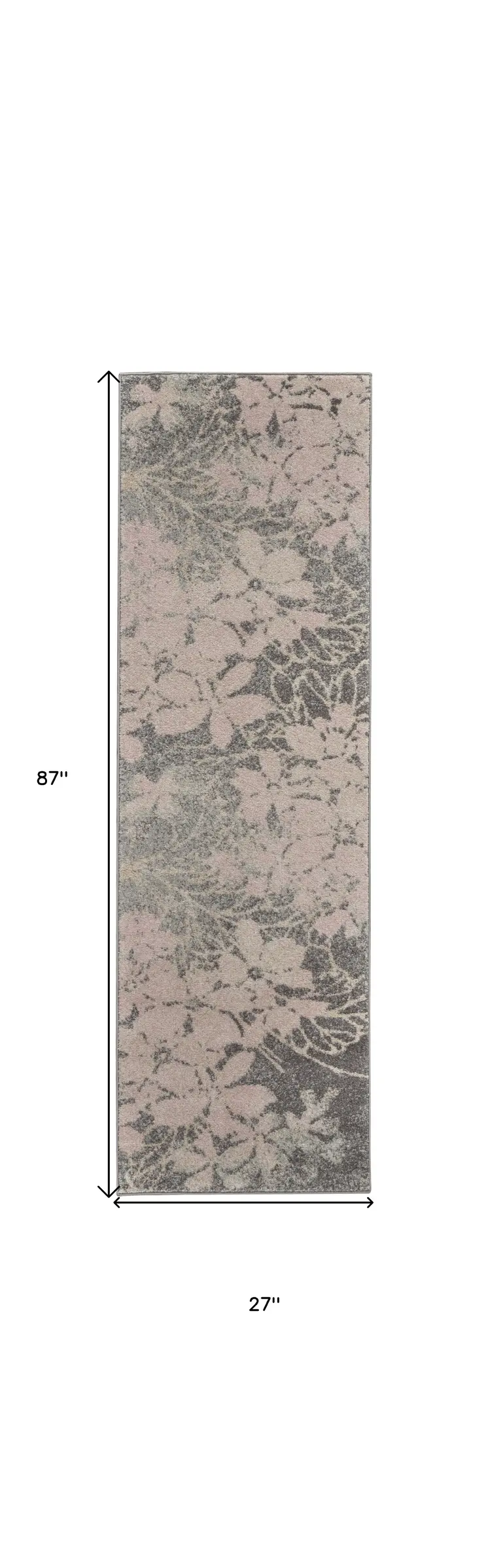 7' Gray And Pink Floral Runner Rug