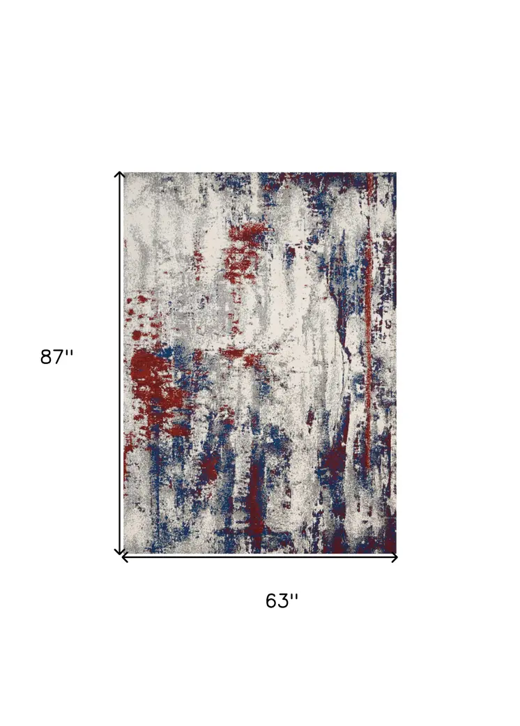 5' X 7' Ivory Red and Blue Abstract Non Skid Area Rug