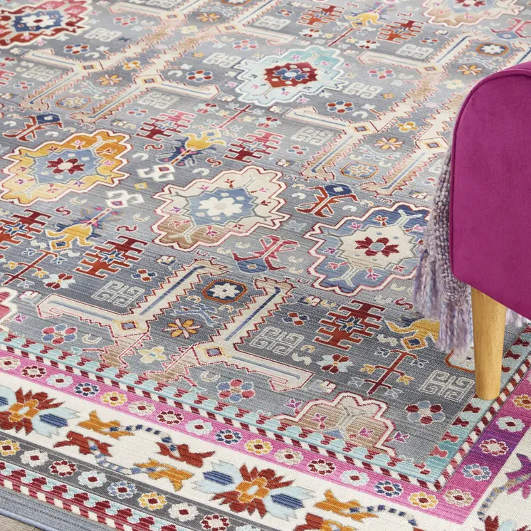 8' X 10' Ivory Pink And Gray Floral Distressed Non Skid Area Rug