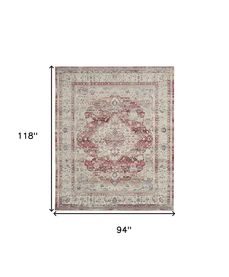 8' X 10' Ivory Red And Brown Floral Distressed Non Skid Area Rug