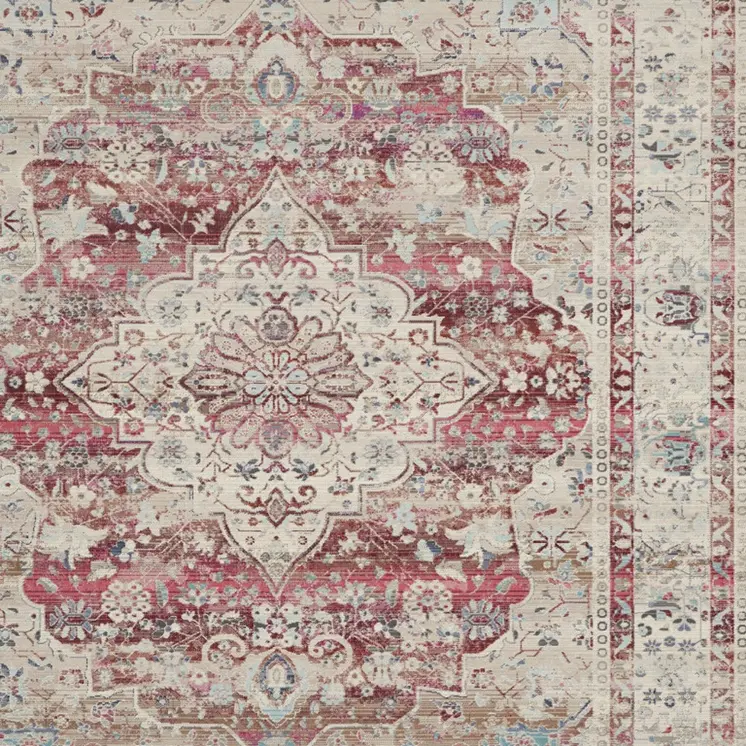 8' X 10' Ivory Red And Brown Floral Distressed Non Skid Area Rug