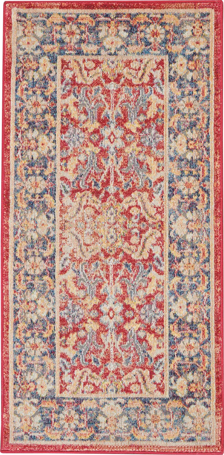 2' X 4' Blue and Red Floral Distressed Non Skid Area Rug