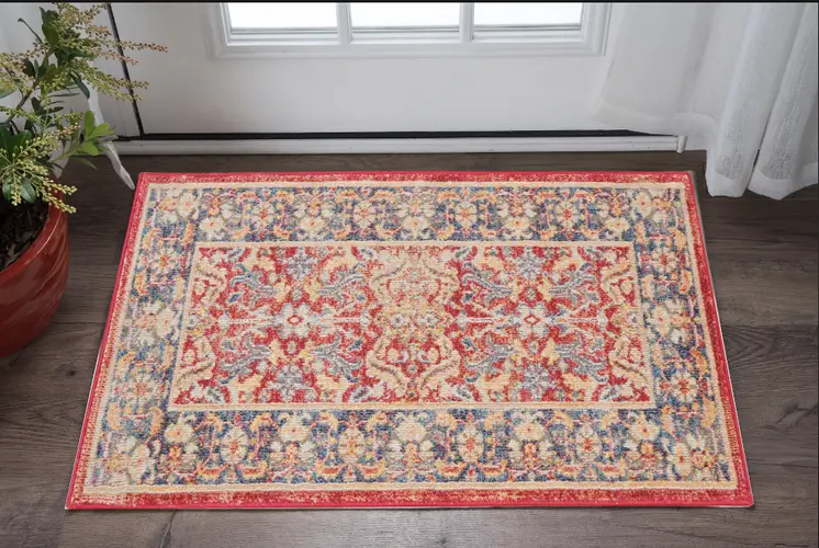 2' X 4' Blue and Red Floral Distressed Non Skid Area Rug