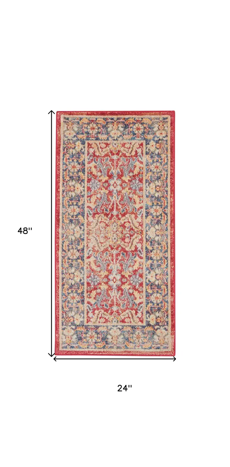 2' X 4' Blue and Red Floral Distressed Non Skid Area Rug